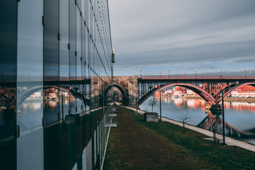 Reflection of the Old Bridge (Stari Most) at the faculty of medicine in Maribor, Slovenia