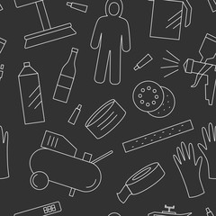 Linear seamless pattern with painter equipments as compressor, protective suit, gun, gloves, sandpaper, solvent, polish, scales, mix, scotch tape