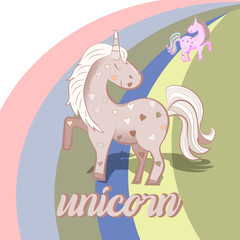 Pink unicorn with colorful hearts. Vector illustration