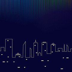 Northern lights over night city buildings. Vector illustration.