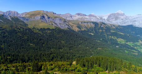 Mountain range of the Alps, with the peak of Mont Blanc, aerial view France