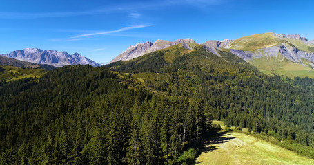 Mountain range of the Alps, with the peak of Mont Blanc, aerial view France