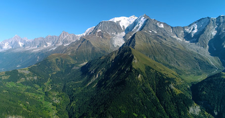 Mountain range of the Alps, with the peak of Mont Blanc, aerial view France