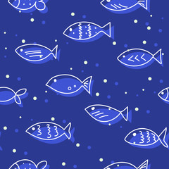 A flock of swimming fish.  Seamless pattern. Hand drawn design