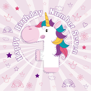 happy birthday number seven unicorn card