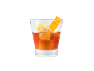 Old Fashioned cocktail. Alcoholic beverage made with whiskey and bitters. 