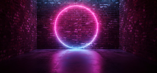 Futuristic Sci Fi Elegant Modern Neon Glowing Circle Shaped Lines Tubes Purple Pink Blue Colored Lights In Dark Empty Grunge Concrete Brick Room Background 3D Rendering