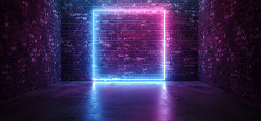 Futuristic Sci Fi Elegant Modern Neon Glowing Rectangle Frame Shaped Lines Tubes Purple Pink Blue Colored Lights In Dark Empty Grunge Concrete Brick Room Background 3D Rendering - obrazy, fototapety, plakaty