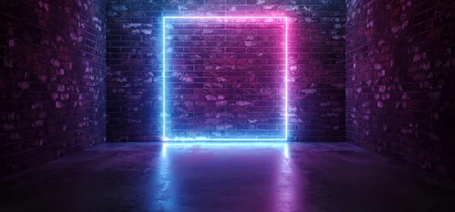 Fotobehang Futuristic Sci Fi Elegant Modern Neon Glowing Rectangle Frame Shaped Lines Tubes Purple Pink Blue Colored Lights In Dark Empty Grunge Concrete Brick Room Background 3D Rendering © IM_VISUALS