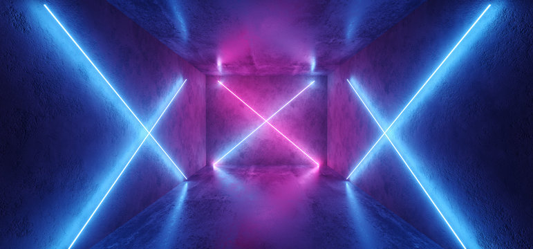Futuristic Sci Fi Retro Modern Neon Glowing Crossed Shaped Lines Tubes Purple Pink Blue Colored Lights In Dark Empty Grunge Concrete Room Background 3D Rendering © IM_VISUALS