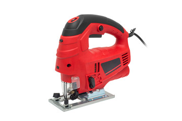 Naklejka premium A jigsaw power tool isolated on white background. Electric jig saw. Professional electric jig saw isolated on white background. Electric fretsaw on a white background