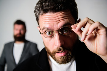 Man handsome bearded guy wear eyeglasses. Eye health and sight. Optics and vision concept. Smart...