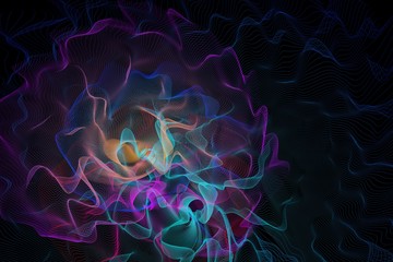 Colorful partical line abstraction on black background. 3D illustration emotion of motion in space, fractal, twisted waves.