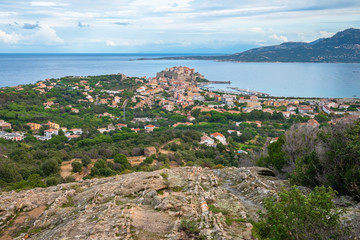 Nice view of the historic city of Calvi  from the mountains, Corsica, France