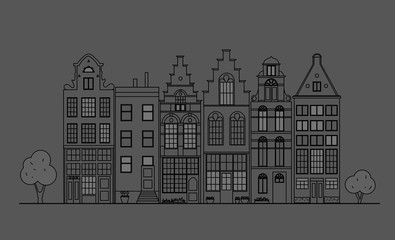 Ancient buildings of the Netherlands executed linearly. Architectural sights