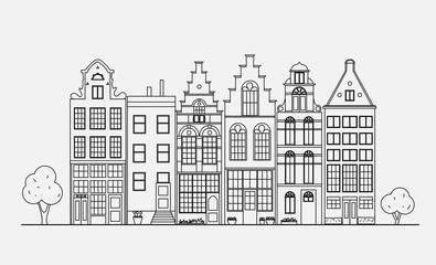 Ancient buildings of the Netherlands executed linearly. Architectural sights - obrazy, fototapety, plakaty