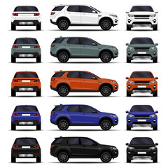 realistic SUV car. Cars set. front view; side view; back view.