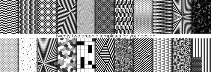 A collection of black white and gray geometric patterns for the background. 22 graphic templates for your design. In a classic and modern, fashionable style. 10 of which are seamless.