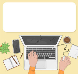 Person works at the laptop. Hands on the computer keyboard and mouse. The view from the top. Colorful vector illustration in sketch style. Mock up. Template.