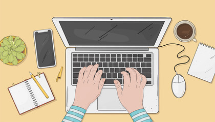 Person works at the laptop. Hands on the computer keyboard and mouse. The view from the top. Colorful vector illustration in sketch style.