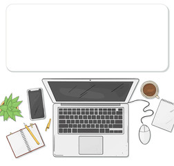 Laptop, phone, Cup of coffee, a notebook and a flower on your desktop the top view. Colorful vector illustration in sketch style. Layout. Template.
