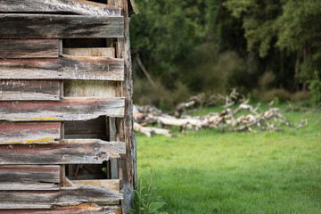 The corner of an old, derelict, wooden barn on the left hand side, with a blurry field and trees in the background on the right.