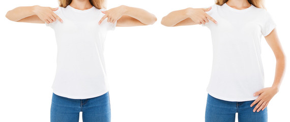 Set woman points hand on white t-shirt isolated on white, cropped portrait,copy space,blank design