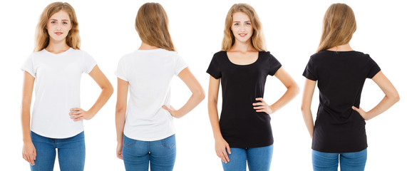 set front and back views woman in white t-shirt and black t shirt isolated, girl tshirt