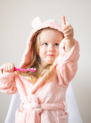 Happy Little Girl Brushing Her Teeth, Pink Toothbrush, Dental Hygiene, Morning Night Healthy...