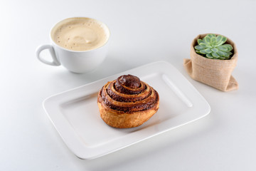 Cup of coffee, cinnamon roll bun pastry and small succulent plant over the white background.