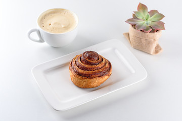 Cup of coffee, cinnamon roll bun pastry and small succulent plant over the white background.