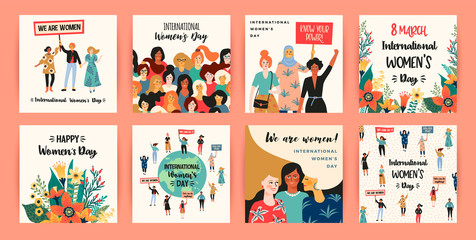 International Womens Day. Vector templates with women different nationalities and cultures.