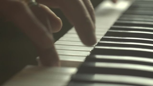 Man Hands Playing Piano. Close-Up Hands Of Musician Who Plays Keyboards