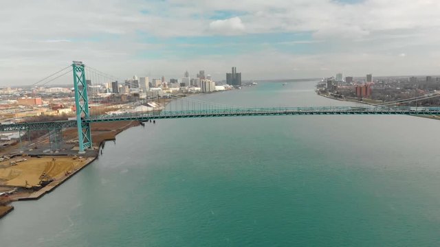 Detroit Aerial Flying Left Bridge With Downtown In Distance