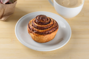 Cup of coffee, cinnamon roll bun pastry Danish Swirl and small succulent plant over the wood background.