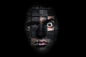 portrait of a man with a puzzled look that decomposes into cubes with binary code on the face,...