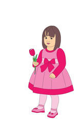 Child with a red tulip. Little girl with spring flower. Mother's day greetings. Girl in red dress. Vector.