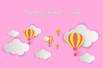 Happy Valentine's Day! Beautiful clouds and air balloons! Abstract paper art 3D vector illustration on pink background. Valentines Day card. 