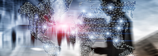 Global World Map Double Exposure Network. Telecommunication, International business Internet and technology concept.