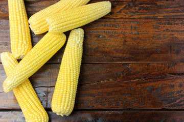 Corn cob, fresh, harvested from plantation on rustic wooden table. space for text