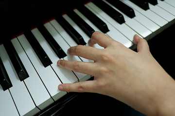Fototapeta premium close-up female hand playing grand piano.