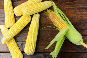 Corn cob, fresh, harvested from plantation on rustic wooden table.