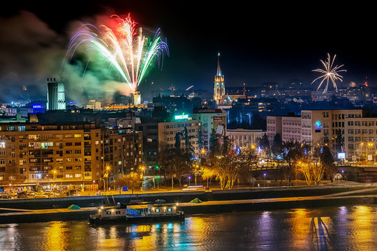 Novi Sad, Serbia - January 01, 2019: Fireworks in Novi Sad, Serbia. New Year`s fireworks.