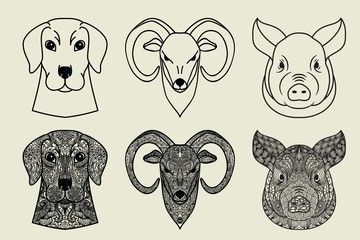 Ornamental doodle heads of animals Set. Pig, dog and goat or ram.