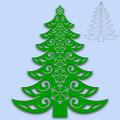 Christmas tree cut from paper. Template for design of greeting cards, congratulations, menus, etc. For cutting from paper, wood metal