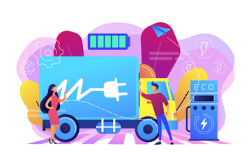 Eco-friendly elecrtic truck with plug charging battery at the charger station. Electric truck, eco-friendly logistics, modern transportation concept. Bright vibrant violet vector isolated illustration