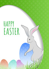 Easter concept with bunny and eggs hidden in the grass. Template for Easter postcard, invitations banner, poster, background