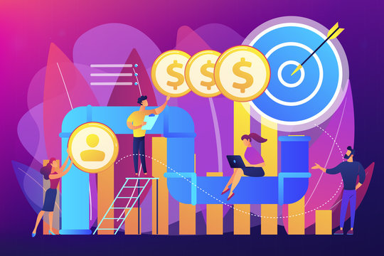 Sales reps and managers analyze sales pipeline. Sales pipeline management, representation of sales prospects, customer prospects lifecycle concept. Bright vibrant violet vector isolated illustration