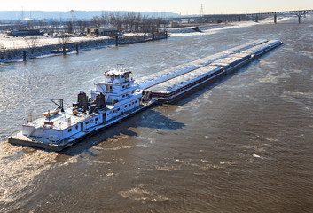 River barge on the Illinois River in the winter time - obrazy, fototapety, plakaty
