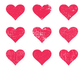Red grunge hearts. Distressed texture heart set